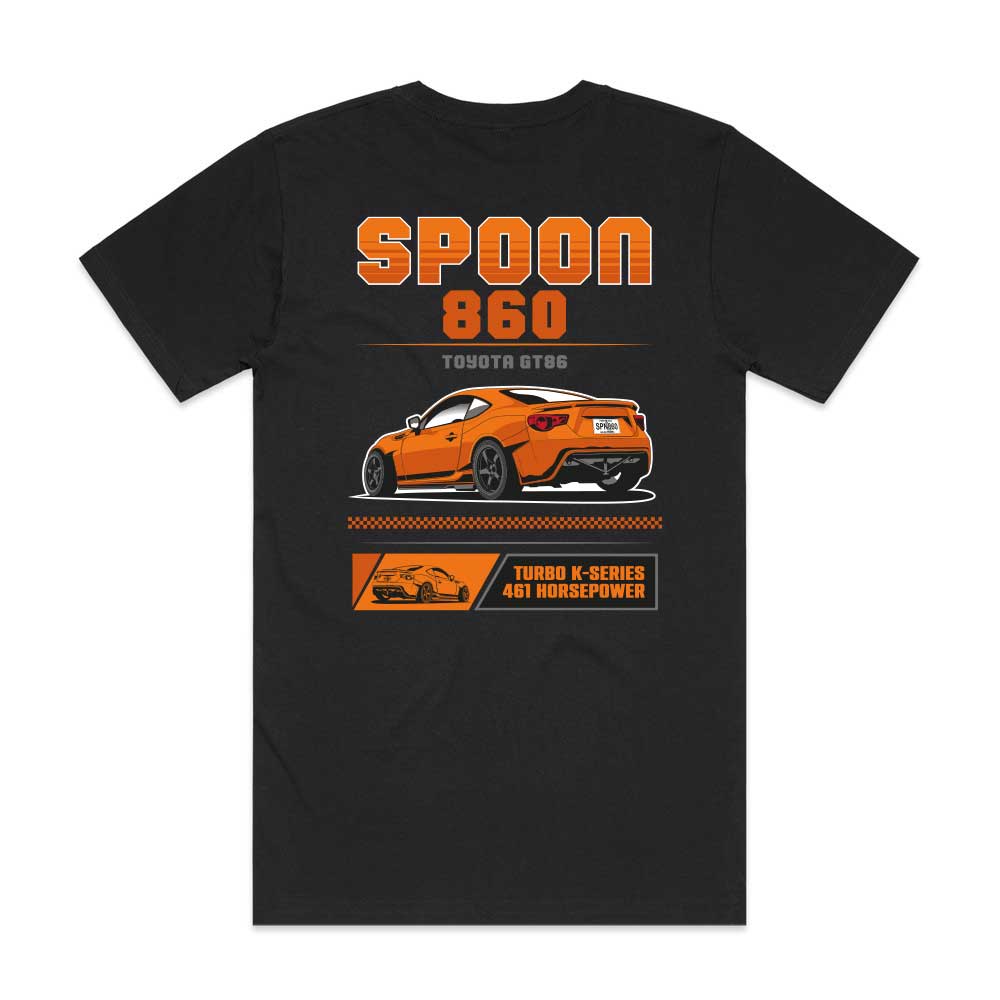 Black t-shirt with orange graphic of a car and text on a white background
