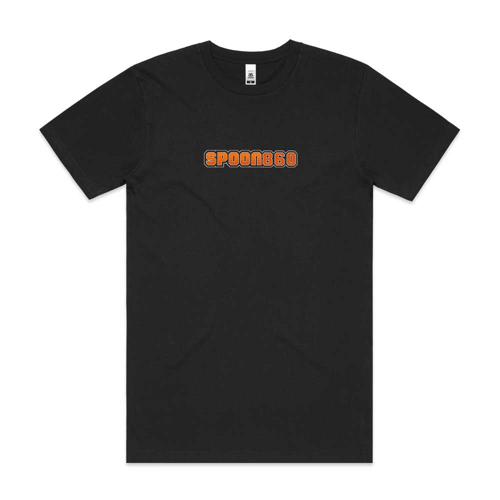 Black t-shirt with orange logo on a white background