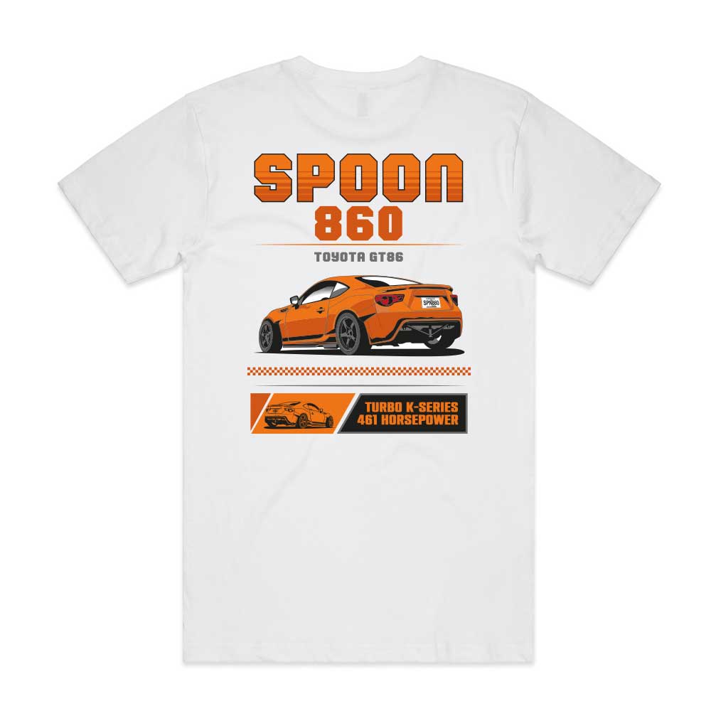 White t-shirt with orange and black car graphic and text on a white background